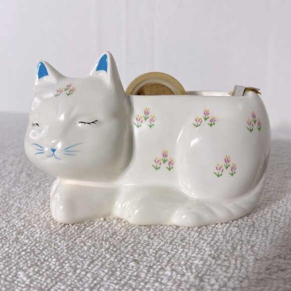 Vintage Floral Ceramic Kitty Cat Tape Dispenser - Picture 1 of 12